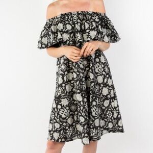 Emerson Fry Off-Shoulder Black and Cream Mini Dress